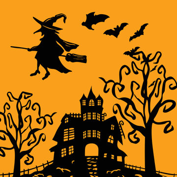 halloween background with house and pumpkin and witch flying and bat