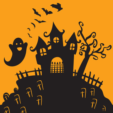 halloween background with house and pumpkin and tree and bats flying