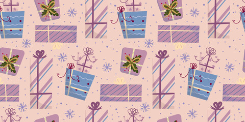 Cartoon seamless pattern christmas holiday. Vector cartoon xmas seamless pattern. Festive gift box. Holiday background.