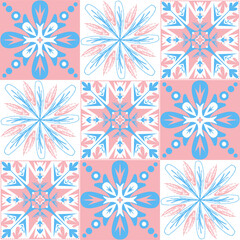 TalaVera de Puebla pastel colored ceramic tile, traditional spanish portuguese pattern for wall and ceramic tile design, pink blue white vector illustration