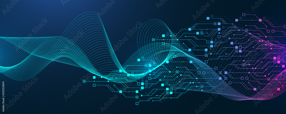Fototapete Quantum computer technologies concept. Futuristic blue circuit board background vector. Modern technology circuit board texture background design. Waves flow. Quantum explosion technology.