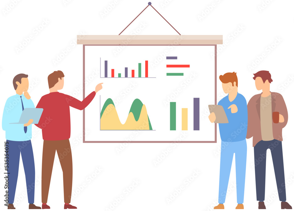 Poster manager makes presentation of statistical report analysis charts. planning business. teamwork consul