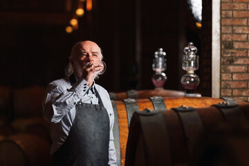 Obraz na płótnie Canvas Caucasian senior graybeard winemaker tasting red wine to ascertain their quality and flavor, standing near a big oak barrel