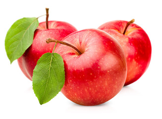 three whole fresh red apples with leaves on a white isolated background