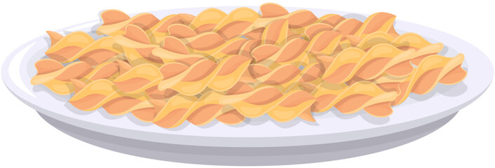 Pasta with parmesan cheese italian cuisine. Gemelli served on plate on national flag background. Vector hot meal on white plate, spaghetti. Concept of dinner in cafe, gourmet, nutrition ingredient