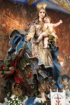 Chignahuapan Puebla, Mexico - Jul 12 2022: The Virgin of the Immaculate Conception in the magical town of Chignahuapan, in Puebla. The largest indoor religious image in Latin America