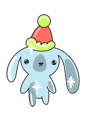 Vector illustration Cute Christmas rabbit in a New Year's hat. Blue glitter hare drawn in a flat style.