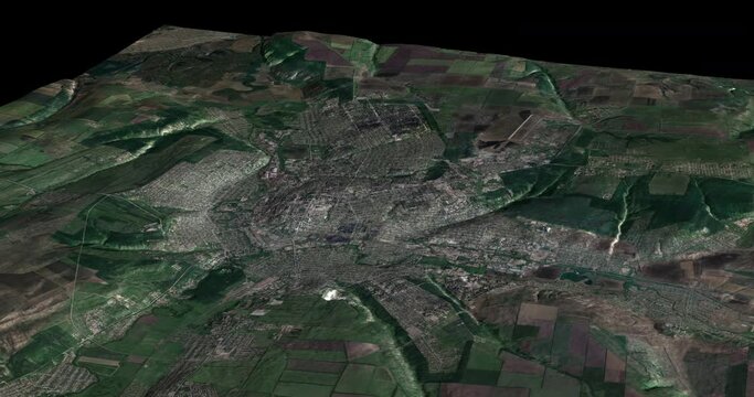 Luhansk map rotate 360 loop ccw with 3d relief 4K satellite ground height