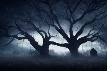 Dark Scary Forest with two Big trees, Halloween