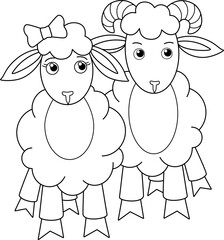 A pair of sheep, a sheep and a ram - a vector linear picture for coloring. Outline. A couple of sheep - a boy and a girl, characters for a children's coloring book.