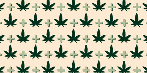 Many hemp leaves on beige background. Pattern for design