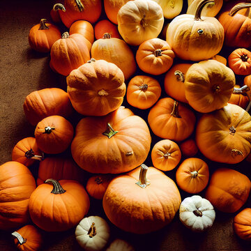 The Ground Full Of Orange Pumpkins, The Little Preparation For Halloween, The Pumpkins Hit By Daylight