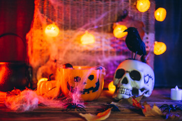 Halloween still-life background with a lot of different elements