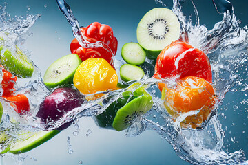 Fruits and vegetables splashing into clear water