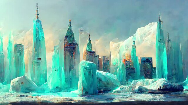 animation textured city under bloc ice. Ice age and Snow landscape. Concept art painting with bright color.  loop shot