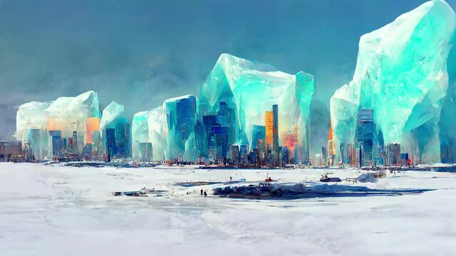 animation textured city under bloc ice. Ice age and Snow landscape. Concept art painting with bright color.  loop shot
