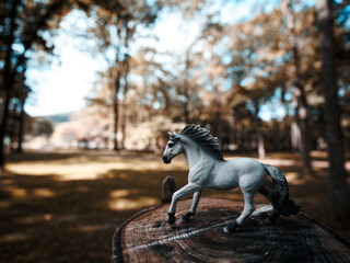 Fototapeta premium 馬のフィギュアと秋の森