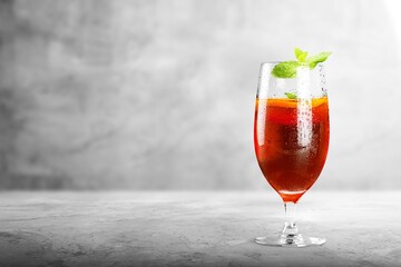 Iced fruit cocktail or cold drink and mint leaf. Refreshing summer drink.