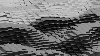 Abstract background with waves made of a lot of metallic white-black cubes geometry primitive forms that goes up and down under black-white lighting. 3D illustration. 3D CG. High resolution.