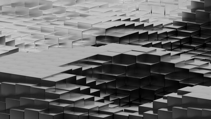 Abstract background with waves made of a lot of metallic white-black cubes geometry primitive forms that goes up and down under black-white lighting. 3D illustration. 3D CG. High resolution.