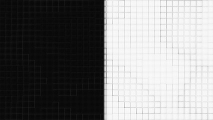 Abstract background with waves made of a lot of metallic white-black cubes geometry primitive forms that goes up and down under black-white lighting. 3D illustration. 3D CG. High resolution.