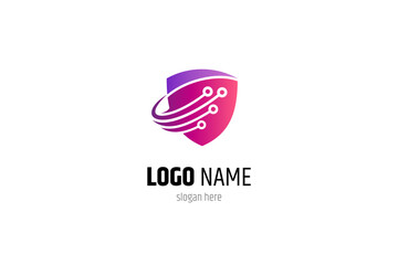 Shield logo with technology icons in red and purple color gradient