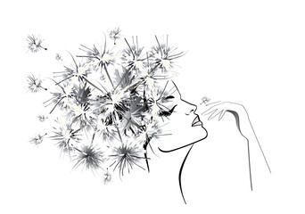 Silhouette of a woman's face with hair in the form of flowers and her hands in lines. The lightness of a dandelion.   Hand drawn vector illustration.