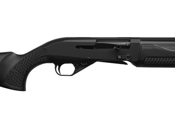 Modern semi-automatic shotgun. Weapons for sports and hunting. Black weapon isolate on white back.