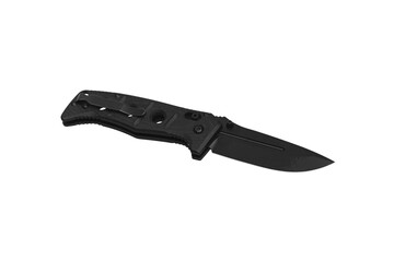 Khaki pocket folding knife. Compact metal sharp tactical knife with a folding blade. Isolate on a white back.