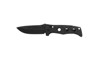 Khaki pocket folding knife. Compact metal sharp tactical knife with a folding blade. Isolate on a white back.