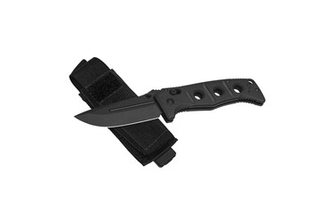 Khaki pocket folding knife. Compact metal sharp tactical knife with a folding blade. Isolate on a white back.