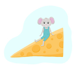 Little mouse sitting on piece of cheese