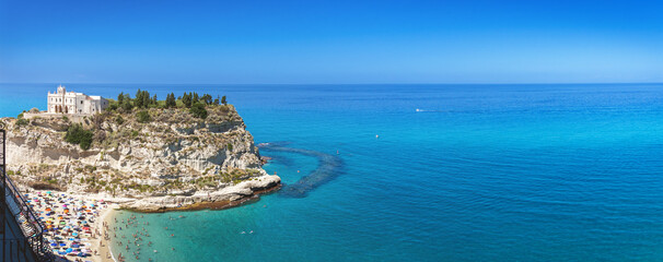 Tropea beach along the Tyrrhenian Sea Coast of Gods (Costa degli Dei). Sanctuary of Santa Maria...