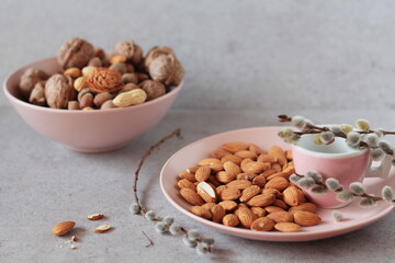  Almonds on a pastel pink plate, composition on a gray background with empty space for text, tasty vegan / vegetarian snack, healthy low calorie diet concept.