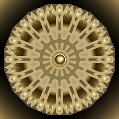 Gold round luxury 3d arabesque mandala pattern. Arabian vector background. Golden circle shiny pattern with gold 3d button. Arabic surface mandala ornaments. Beautiful modern design. Ornate texture