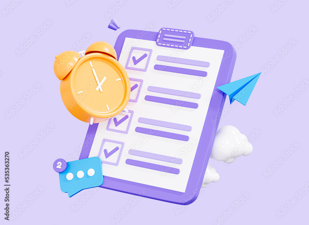 Poster 3d clipboard with task list and alarm clock. time management concept. office paper document. work pr
