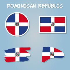Dominican Republic map on a world map with flag and map pointer.