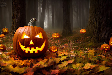 Fototapeta premium Halloween pumpkin at florest 