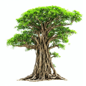 banyan tree, large plant with column roots isolated on white background