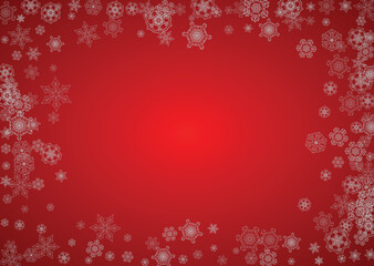 Christmas background with silver snowflakes and sparkles. Horizontal New Year and Christmas background for party invitation, banner, gift cards, retail offers. Falling snow. Frosty winter backdrop.