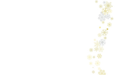 Gold snowflakes frame on black background. New year theme. Horizontal shiny Christmas frame for holiday banner, card, sale, special offer. Falling snow with gold snowflake and glitter for party invite