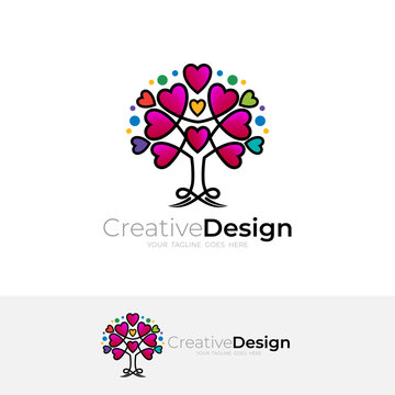 Tree logo with love design template, 3d colorful icons