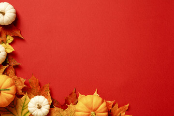 Autumn background. Maple leaves and pumpkins on red table. Flat lay, top view, copy space