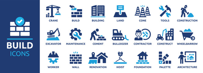 Build and construction icon element set. Containing crane, building, land, excavator, maintenance, contractor, worker, architecture and more. Solid icons vector collection. - obrazy, fototapety, plakaty