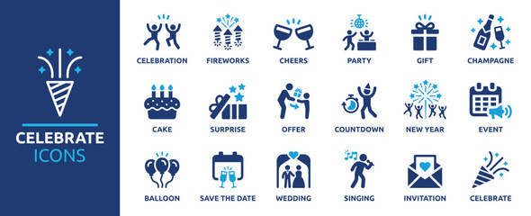 Celebrate icon set. Containing celebration, fireworks, cheers, party, gift, champagne, surprise, event, balloon and invitation. Solid icons vector collection.