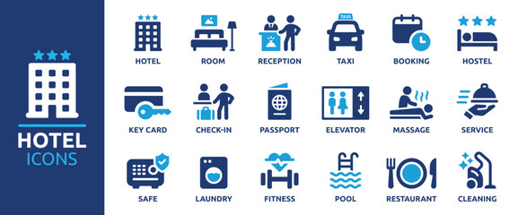 Hotel service icon set. Hospitality symbol, room, service, booking, facilities and more. Solid icons vector collection. - obrazy, fototapety, plakaty