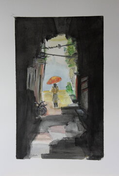 Acuarela original, "Bajo la lluvia",chica con paraguas en calle oscura