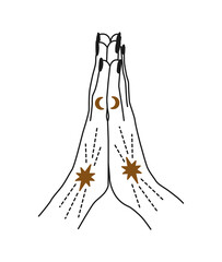 linear vector illustration of hands. Drawn magic hands. Design elements for decoration in modern style. Sorcery of hands. mystical elements. Put your hands together for prayer.