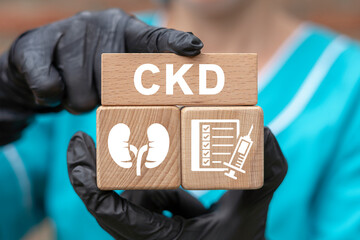 Doctor holding wooden blocks with medical icons and abbreviation: CKD. Healthcare concept of CKD Chronic Kidney Disease. - obrazy, fototapety, plakaty