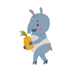 Cute Grey Tapir Animal with Proboscis Carrying Pineapple Fruit Vector Illustration